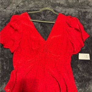 Red Polka Dot V-Neck Blouse